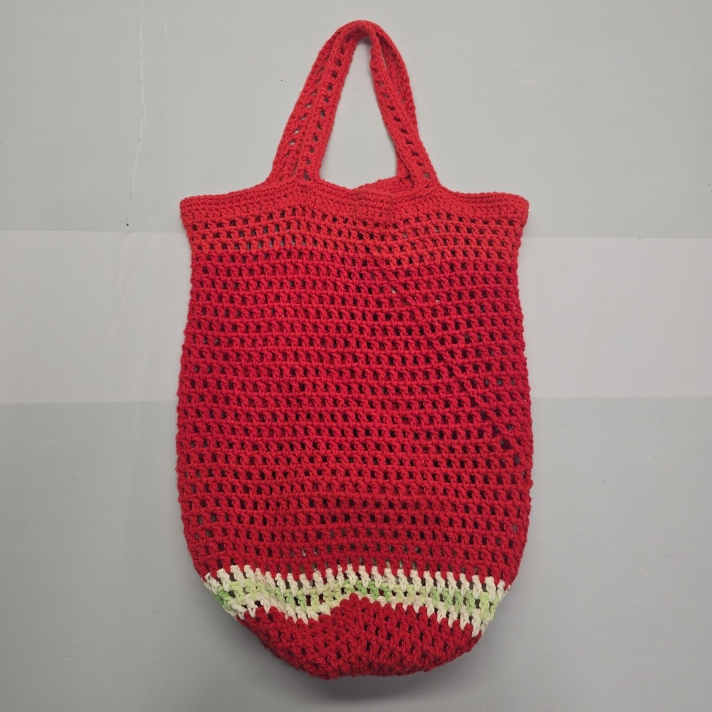 Handmade Crochet Market Tote Bag Red Green White Flower Fruit Aesthetic Boho - Picture 2 of 4